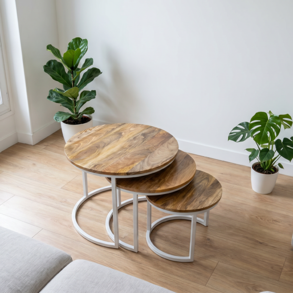 Tables Gigognes en Manguier Massif – Lot de 3 – Plateaux Lisses – Pieds Blanc Mat | Dwelling Interiors | Livraison à partir de 8 juillet