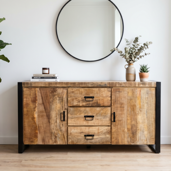 Buffet manguier massif 160 cm – 3 tiroirs & 2 portes – Pieds traîneau métal noir – 100% bois massif – Modèle Toulouse | Dwelling Interiors