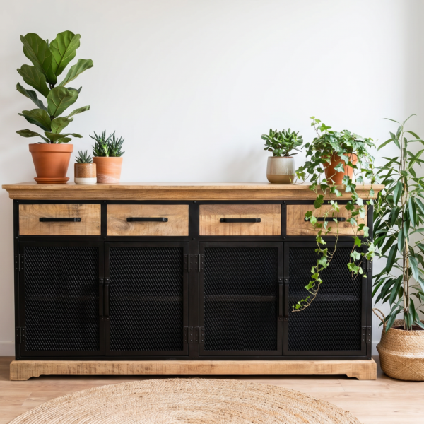 Buffet métal & manguier massif – 4 tiroirs & 4 portes grillagées – Structure métal laqué noir – 186 cm – Modèle Metz | Dwelling Interiors