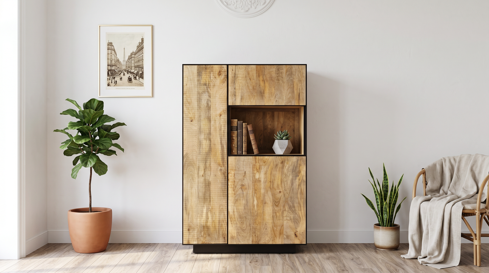 Armoire manguier metal noir Avignon 140 cm trois portes pleines niche centrale Dwelling Interiors