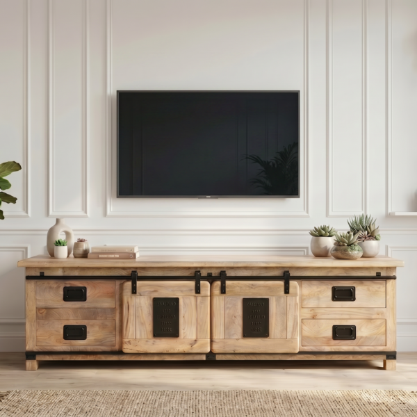 Meuble TV Nantes 180/200 cm en manguier massif – Portes coulissantes - Arrivage 18 août
