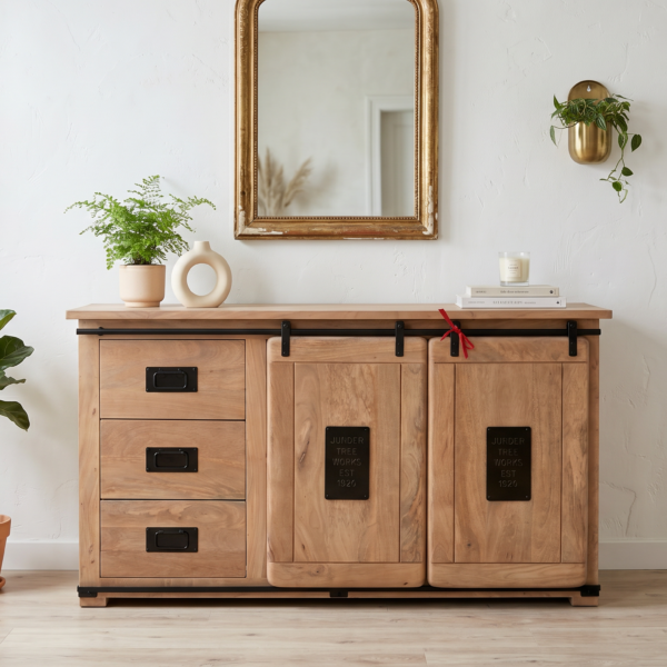 Buffet Nantes 160 cm en manguier massif – Portes coulissantes type grange industriel - Arrivage 25 août
