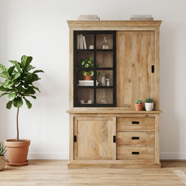 Vaisselier Dieppe 220 cm en manguier massif – Vitré et portes coulissantes - Disponible fin août - En précommande
