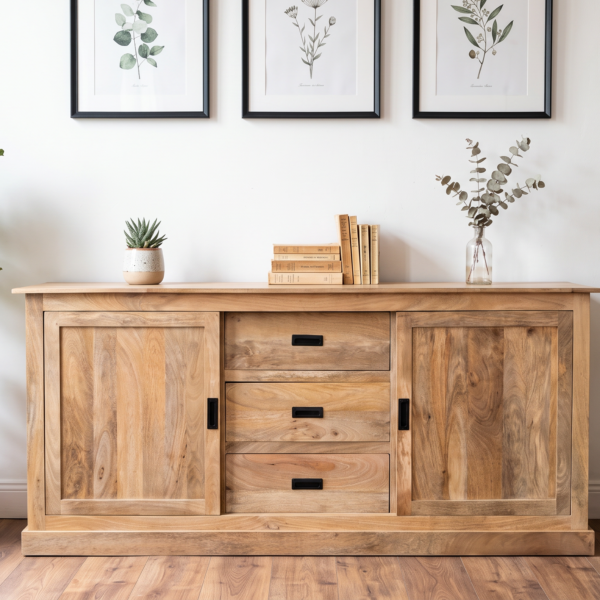 Buffet Dieppe en manguier massif – 180 / 200 / 220 cm – Portes coulissantes et 3 tiroirs