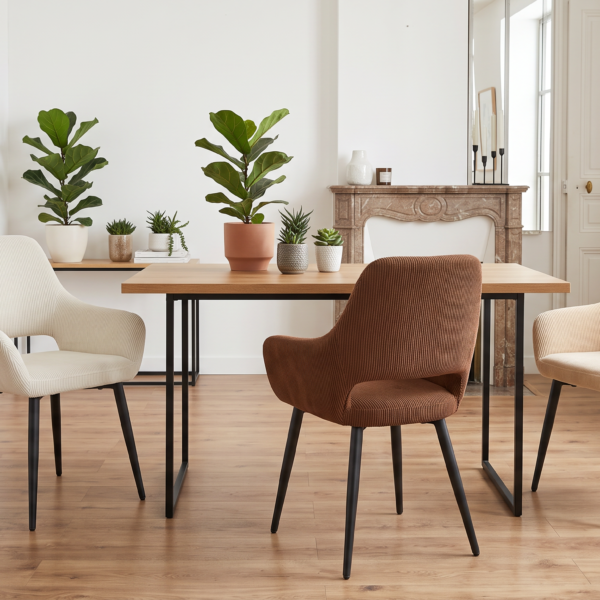 Chaises ALLOS en velours côtelé, accoudoirs et piétement métal, beige doux, taupe sable et cognac chaud
