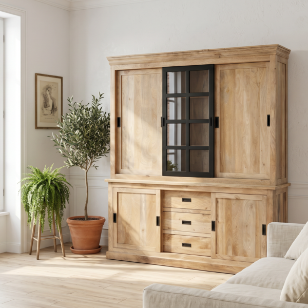 Grand vaisselier Dieppe en manguier massif – 160 / 180 / 200 / 220 cm – Portes coulissantes et vitrine - Disponible 7 août - En précommande