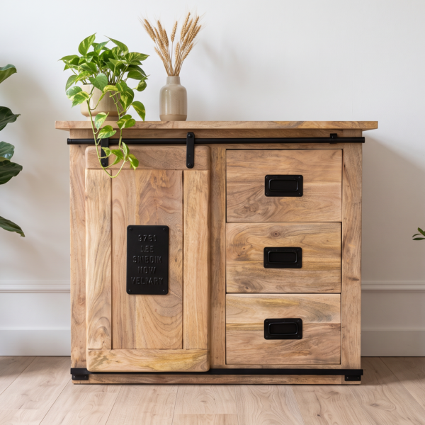 Petit buffet Nantes 100 cm en manguier massif – Porte coulissante et 3 tiroirs