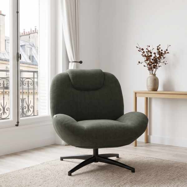 Fauteuil lounge pivotant Pavin – Tissu chiné et piètement métal noir | Arrivage le 18 octobre