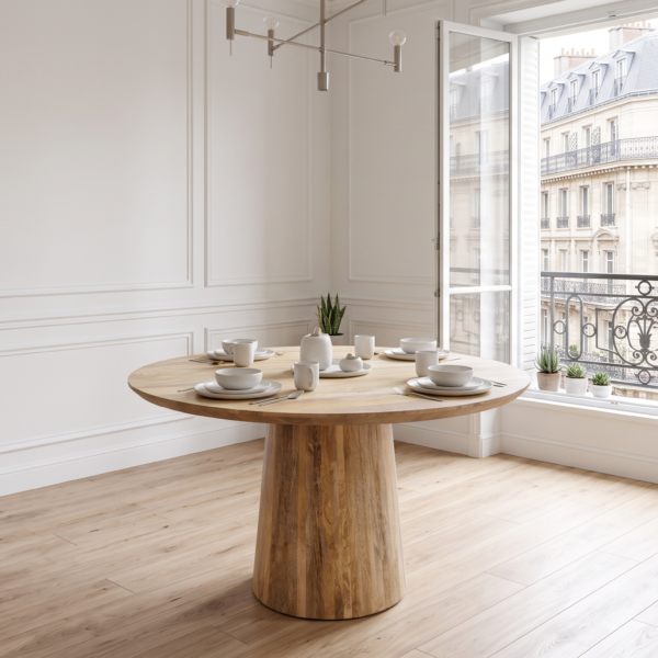 Table ronde Charente 130 cm en manguier massif – Plateau épais et pied colonne