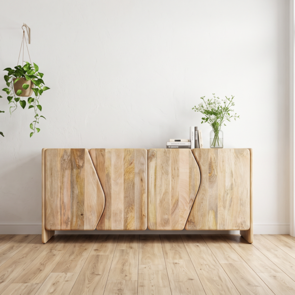 Buffet Denain 160 cm en manguier massif – 4 portes sculptées et étagères réglables – Arrivage le 17 octobre