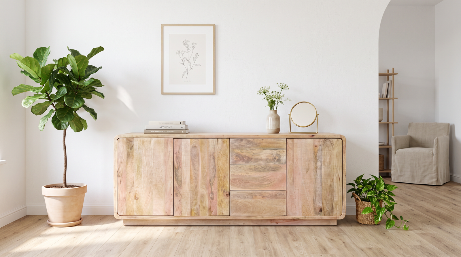 Grand buffet manguier Valenciennes 180 cm silhouette arrondie parquet clair