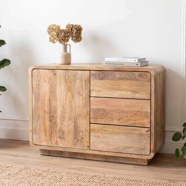 Petit buffet Valenciennes 120 cm en manguier massif – 1 porte et 3 tiroirs ouverture par pression | Arrivage le 20 octobre
