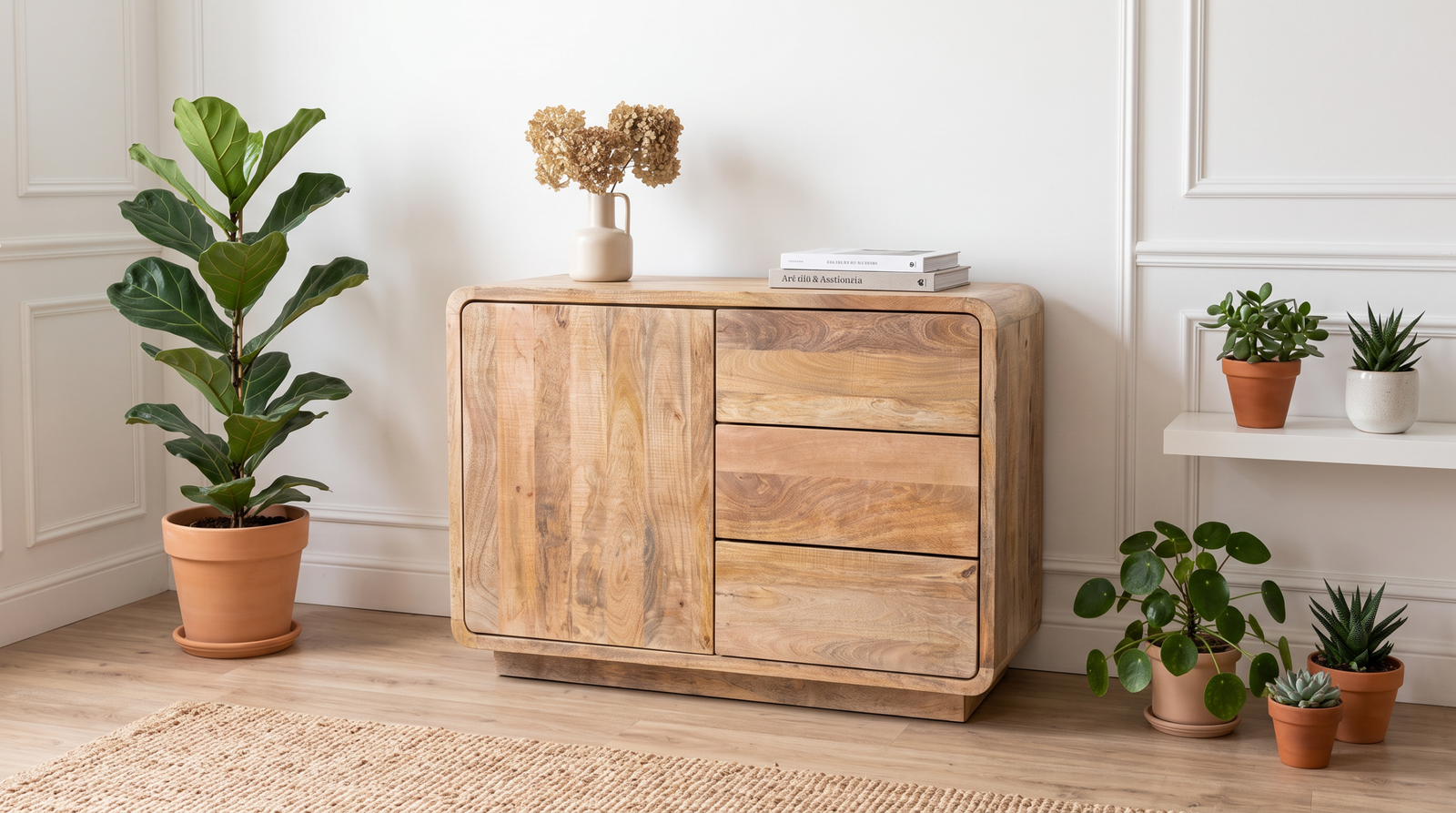 Petit buffet manguier Valenciennes 120 cm silhouette arrondie salon parisien 1