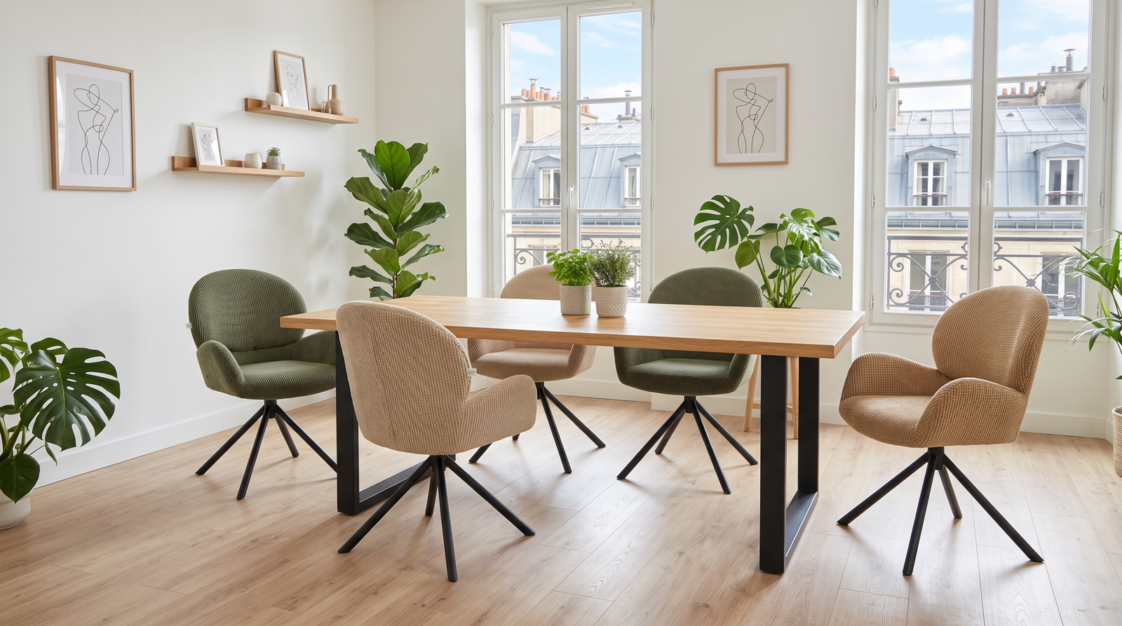 Trois chaises pivotantes cotelees Nimes Vert Olive Beige Champagne Taupe Sable Dwelling Interiors