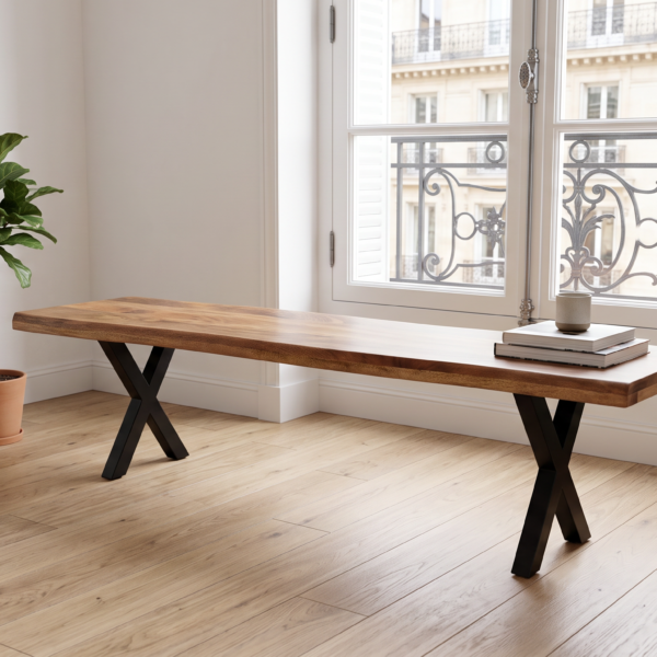 Banc Biarritz en manguier massif – 200 / 220 / 240 cm – Bords vivants et pied X