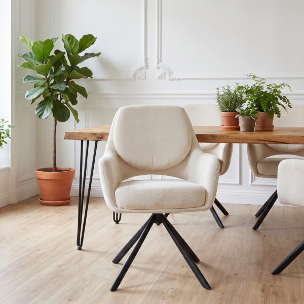 Chaise pivotante Chalain – Rotation 360° – Tissu bouclette et dossier à coussin rond