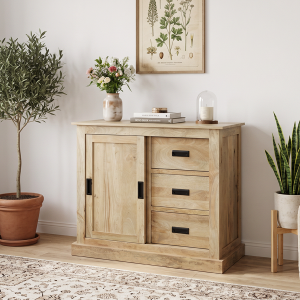 Petit buffet Dieppe 100 cm en manguier massif – 1 porte coulissante et 3 tiroirs
