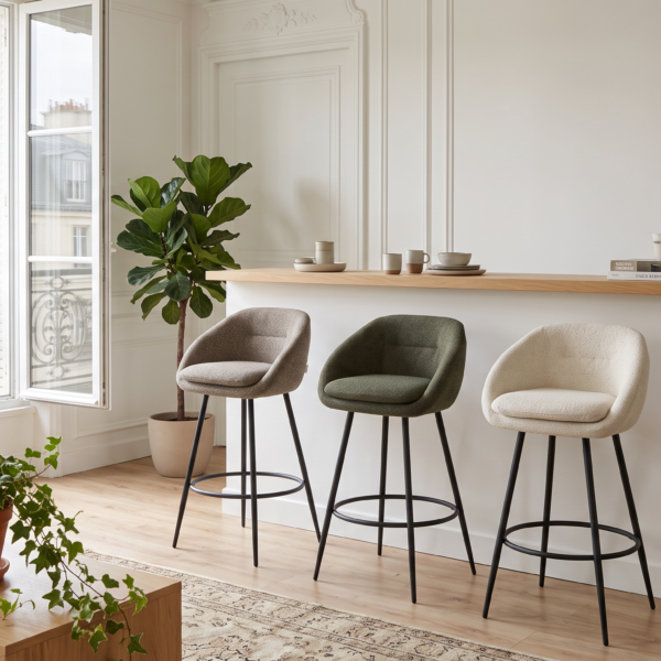 Tabouret de bar Grenoble – Assise 65 cm en bouclette et piètement métal noir